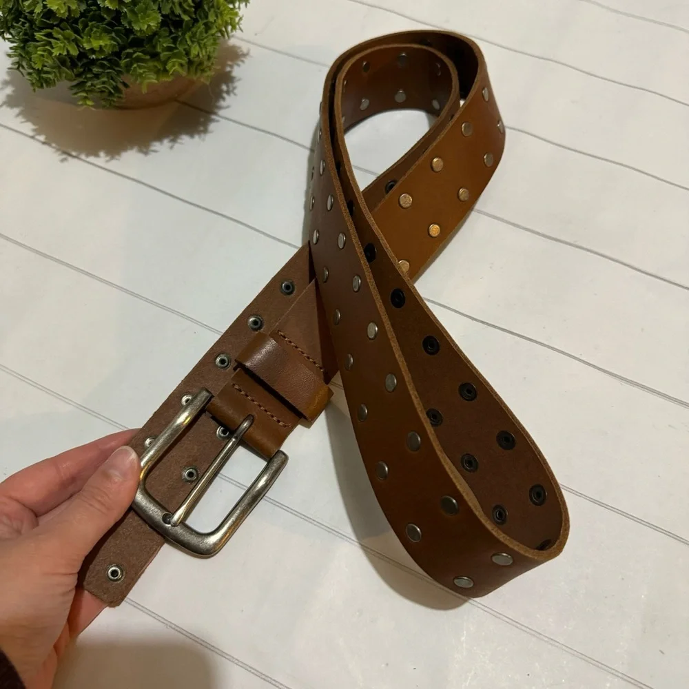 Vintage Brown Genuine Leather Studded‎ Grommet Belt Mens Size 2XL